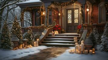 mooi Kerstmis versierd voorkant deur en veranda van een huis Aan een winter avond. generatief ai. foto