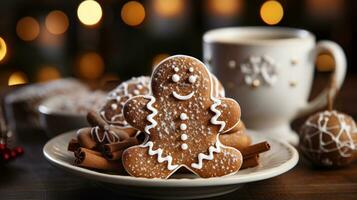 Kerstmis peperkoek Mens koekjes Aan een klein bord een mist de decoraties. generatief ai. foto