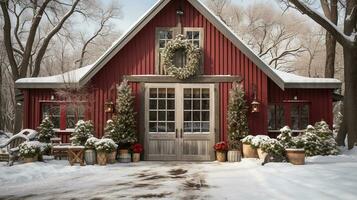 rood schuur, huis of winkel versierd voor Kerstmis in een mooi winter besneeuwd tafereel. generatief ai. foto