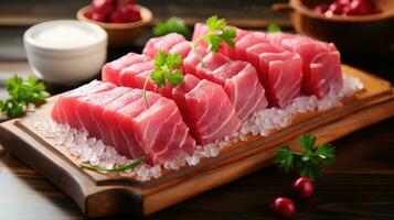 tonijn. roodachtig roze vlees, ideaal voor sushi en grillen foto