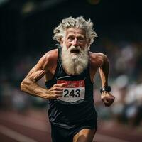 oud atleet rennen Aan een bijhouden met bepaling foto