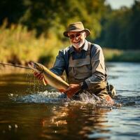 ouder Mens vangen een vis terwijl vlieg visvangst in een rivier- foto