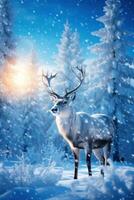 rendier Aan sneeuw. majestueus dieren, met sneeuw bedekt bomen, en een sterrenhemel lucht. foto