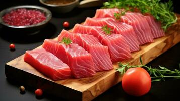 tonijn. roodachtig roze vlees, ideaal voor sushi en grillen foto