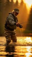 ouder Mens vangen een vis terwijl vlieg visvangst in een rivier- foto
