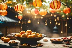 Chinese lantaarns en sinaasappels Aan een tafel. ai-gegenereerd foto