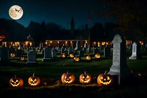 halloween pompoenen in een begraafplaats Bij nacht. ai-gegenereerd foto