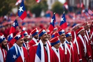 een groep van mannen in rood en blauw uniformen met vlaggen foto