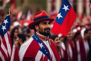 een Mens in een rood hoed en rood jas Holding Amerikaans vlaggen. ai-gegenereerd foto