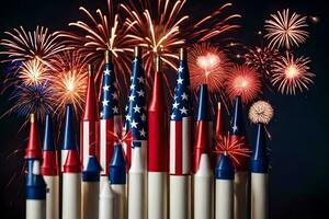 veel vuurwerk zijn in voorkant van een groot Amerikaans vlag. ai-gegenereerd foto