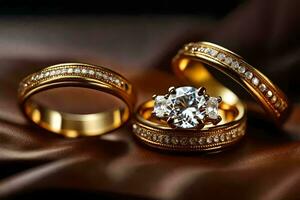 goud bruiloft ringen met diamanten Aan een leer. ai-gegenereerd foto