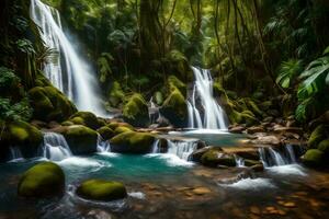 een waterval in de oerwoud met groen bomen en rotsen. ai-gegenereerd foto