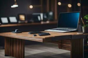 een laptop is zittend Aan een houten bureau. ai-gegenereerd foto