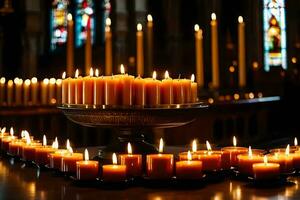 kaarsen in een kerk met kaarsen verlicht. ai-gegenereerd foto