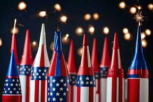 een groep van vuurwerk met Amerikaans vlaggen Aan hen. ai-gegenereerd foto