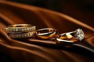goud bruiloft ringen Aan een bruin lap. ai-gegenereerd foto