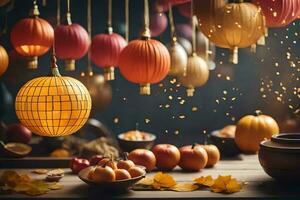 kleurrijk lantaarns en pompoenen Aan een tafel. ai-gegenereerd foto
