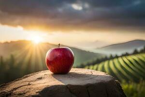 een appel zit Aan top van een rots in voorkant van een zonsondergang. ai-gegenereerd foto