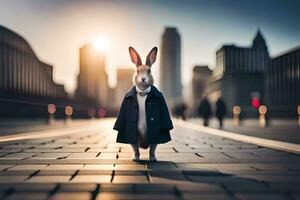een konijn in een pak staat Aan een straat. ai-gegenereerd foto