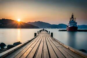 een houten dok met een boot Bij zonsondergang. ai-gegenereerd foto