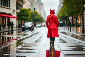 een vrouw in een rood jas wandelen naar beneden een straat in de regen. ai-gegenereerd foto