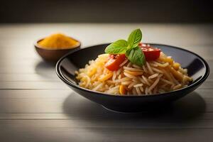 een kom van pasta met tomaten en basilicum. ai-gegenereerd foto