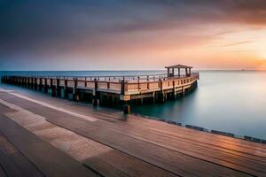 een pier Bij zonsondergang met een houten promenade. ai-gegenereerd foto