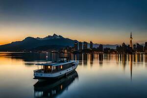 een boot is aangemeerd in de water Bij zonsondergang. ai-gegenereerd foto