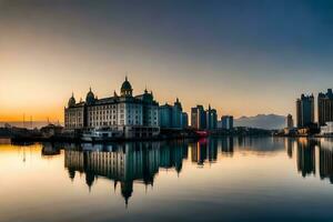 de stad van Shanghai Bij zonsondergang. ai-gegenereerd foto