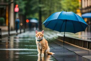 een oranje kat zittend Aan de trottoir met een paraplu. ai-gegenereerd foto