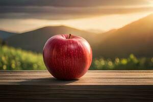 een rood appel zit Aan een houten tafel in voorkant van een berg. ai-gegenereerd foto