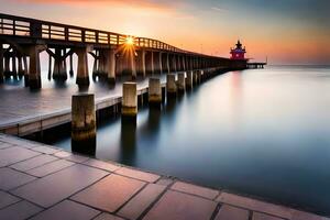 een pier met een rood vuurtoren Bij zonsondergang. ai-gegenereerd foto