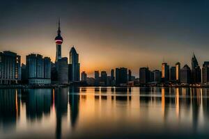 de Shanghai horizon Bij zonsondergang. ai-gegenereerd foto