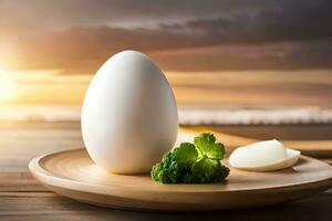 een ei en een stuk van broccoli Aan een houten tafel. ai-gegenereerd foto