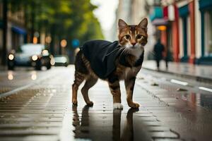 een kat vervelend een jasje Aan een regenachtig straat. ai-gegenereerd foto