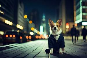 een hond in een pak zittend Aan de straat Bij nacht. ai-gegenereerd foto