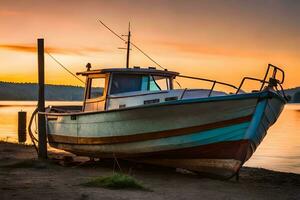 een boot zit Aan de kust Bij zonsondergang. ai-gegenereerd foto