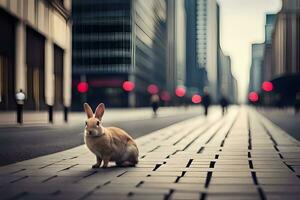 een konijn is zittend Aan de straat in voorkant van hoog gebouwen. ai-gegenereerd foto