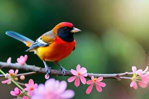 een kleurrijk vogel zit Aan een Afdeling met roze bloemen. ai-gegenereerd foto