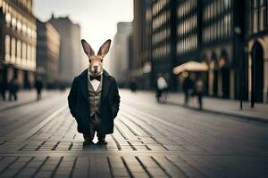 een konijn gekleed in een pak en stropdas staand Aan een straat. ai-gegenereerd foto