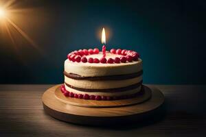 verjaardag taart met een lit kaars Aan top van een houten stellage. ai-gegenereerd foto