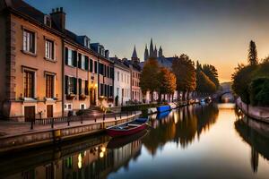 een kanaal in de midden- van een stad met boten. ai-gegenereerd foto