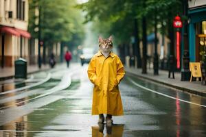 een kat in een geel regenjas staand Aan een nat straat. ai-gegenereerd foto