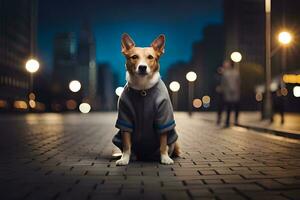 een hond vervelend een jasje zittend Aan de grond in een stad. ai-gegenereerd foto