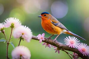 een kleurrijk vogel zit Aan een Afdeling met roze bloemen. ai-gegenereerd foto