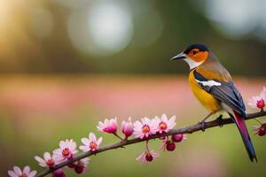 een vogel zit Aan een Afdeling met roze bloemen. ai-gegenereerd foto