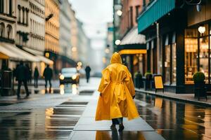 een persoon wandelen naar beneden een nat straat in een geel regenjas. ai-gegenereerd foto