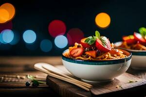 aardbei en bosbes pasta in een kom met eetstokjes Aan een houten tafel met boe. ai-gegenereerd foto