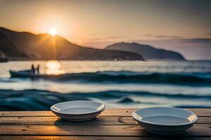 twee kommen Aan een houten tafel met de zon instelling in de achtergrond. ai-gegenereerd foto