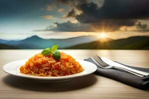 Italiaans voedsel met zonsondergang Aan achtergrond. ai-gegenereerd foto